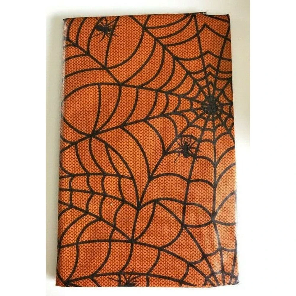 Haunted Halloween Tablecloth Vinyl Flannel Backed Spider Webs Orange 52X52